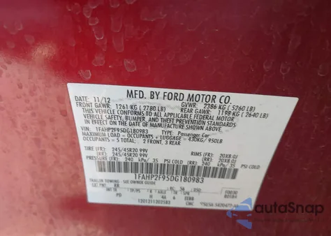 2013 Ford Taurus Limited z USA, uszkodzony, nr VIN 1FAHP2F95DG180983